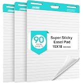 SHARBDA Lined Sticky Easel Pad, 15 * 18 inch,Self-Stick Flip Chart Paper, Super Adhesive &amp; Bleed-Resistant,Micro-Perforated Tear,Classroom Teacher Office Presentation Pads,3 Pads/Pack,90Sheets
