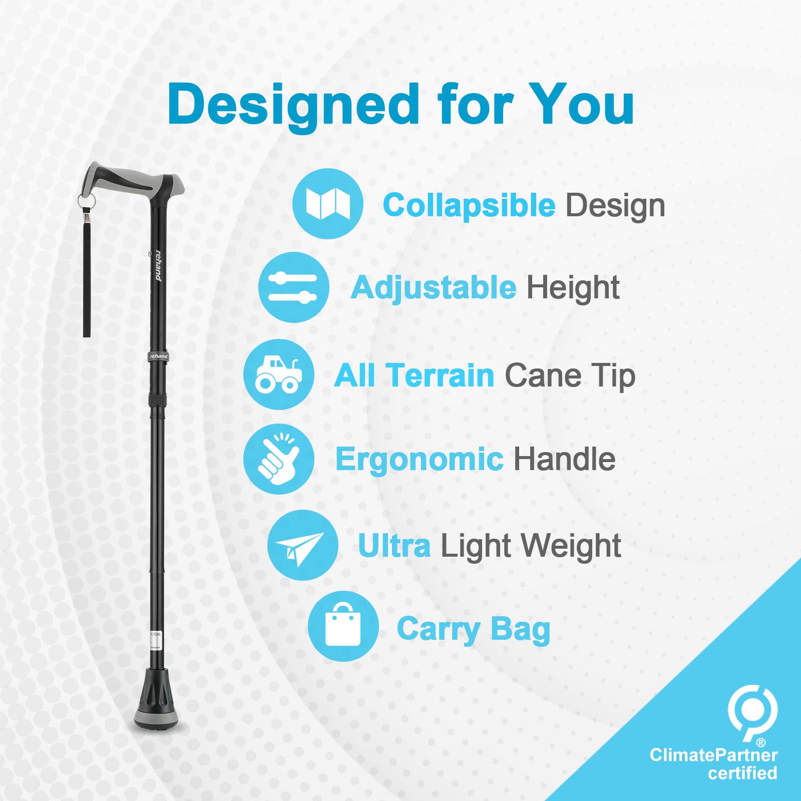 REHAND Walking Cane - Foldable, Adjustable, Collapsible Walking Canes for Men & Women, Heavy Duty All Terrain Tip, with Travel Bag | Walking Sticks for Seniors & Adults