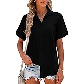 Zeagoo Women Linen Button Down Shirt Rolled Cuffed Short Sleeve Blouse Ladies Summer Casual V Neck Beach Cotton Tops