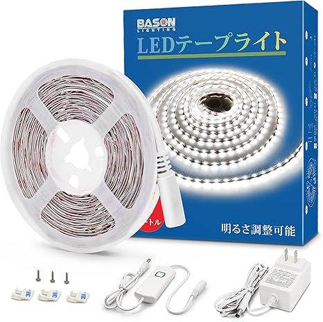 Amazon Co Jp Bason Ledテープライト 5m Ledテープ 6000k 調光器付き 明るさ調節 間接照明 高輝度 テープライト 25 高演色 正面発光 切断可能 両面テープ付き 取付簡単 非防水 室内用 部屋 天井 壁 看板 店舗 棚下照明 装飾用 携帯しやすい 昼光色 ホーム キッチン