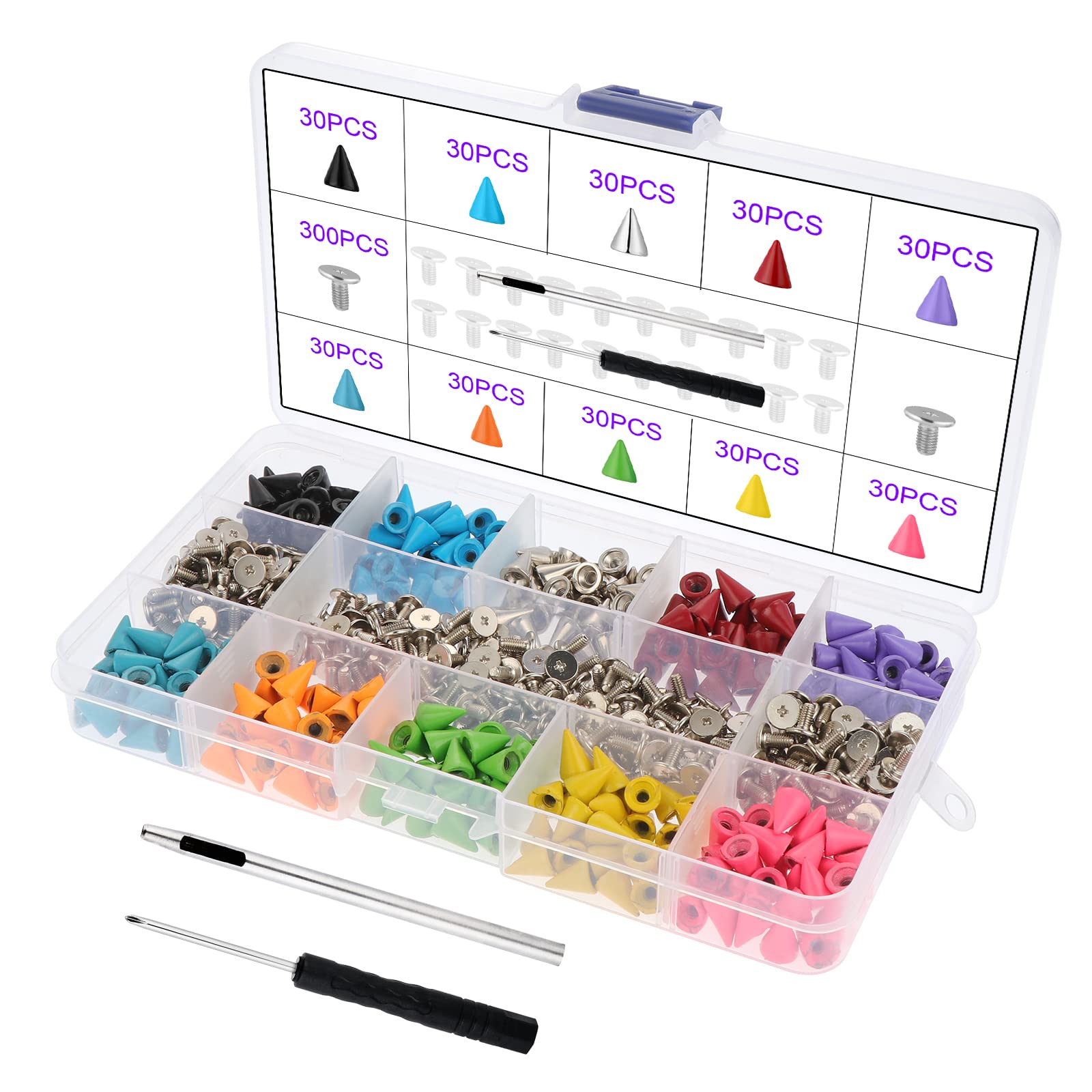 Coolty 300 Sets Colourful Bullet Cone Spikes Metal Screwback Studs Punk Backup Rivets with Punch Tools for DIY Leather Craft Handmade Clothing Shoes Bag Belt Jacket