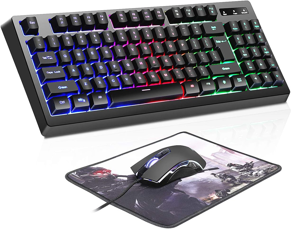 RGB 89 Keys Gaming Keyboard and Colorful Mouse Combo,USB Wired LED Backlight Gaming Keyboard and Mouse Set for Laptop PC Computer Game and Work,Right Numeric Keys,Mechanical Feeling,Letter Glow