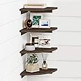 Forbena Floating Corner Shelves for Wall Set of 4, Small Corner Bookshelf for Bedroom Books, Round Wooden Corner Shelf Wall Mount for Bathroom Plants, Kitchen, Living Room Decor (Dark Brown)