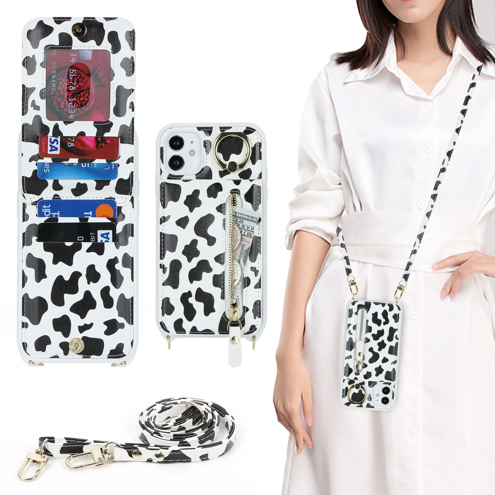Zouzt for iPhone 11 Case with Cord and Card Holde, Zipper Wallet Case with Crossbody Lanyard Ring Adjustable Necklace Protective Cover Women for iPhone 11 6.1 Inch - Cow Print Black