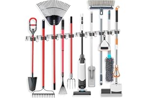 2 Pack Wall Mount Broom Holder Stainless Steel 5 Racks with 4 Hooks Broom Organizer Self Adhesive Heavy Duty Laundry Room, Ga