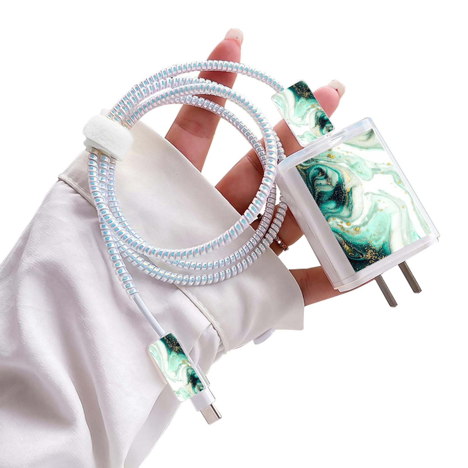 Cute Marble DIY Cable Protectors Set for iPhone 14 13 12 11 Pro X Charger with Gold Glitter Marble Design, Data Line Wire Saver Lightning Cable Charger Protector Cover for iPhone-Green