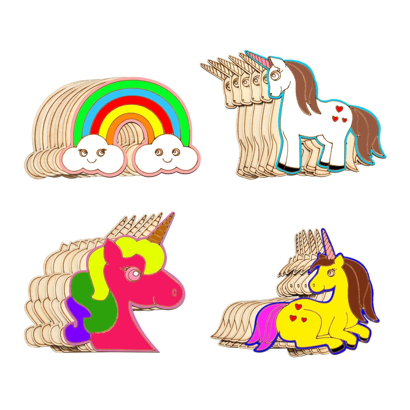 UR URLIFEHALL 40 Pcs Unicorn Wood Cutouts Ornaments Rainbow Unfinished Blank Wooden Ornaments for DIY Painting Craft Home Decor Pendants