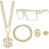 5pcs 80s 90s Hip Hop Costumes Kit with Dollar Sign Chain & Dollar Rings, Fake Gold Chain Bracelet, Disco Glasses Rapper Costumes Accessories for Men Women Cosplay Club Old School Themed Party Supplies