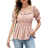 Womens Short Sleeve Babydoll Tops Square Neck Ruffle Peplum Blouse Smocked Loose Fit Tunic Top Dressy Tee Shirts