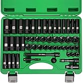Dangkiy 3/8" Drive Impact Socket Set, 50 Piece Standard SAE (5/16 to 3/4 inch) and Metric (8-22mm) 6 Point, Extension Bars, Impact Universal Joint, Adapter, Cr-V Steel