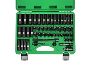 Dangkiy 3/8" Drive Impact Socket Set, 50 Piece Standard SAE (5/16 to 3/4 inch) and Metric (8-22mm) 6 Point, Extension Bars, Impact Universal Joint, Adapter, Cr-V Steel