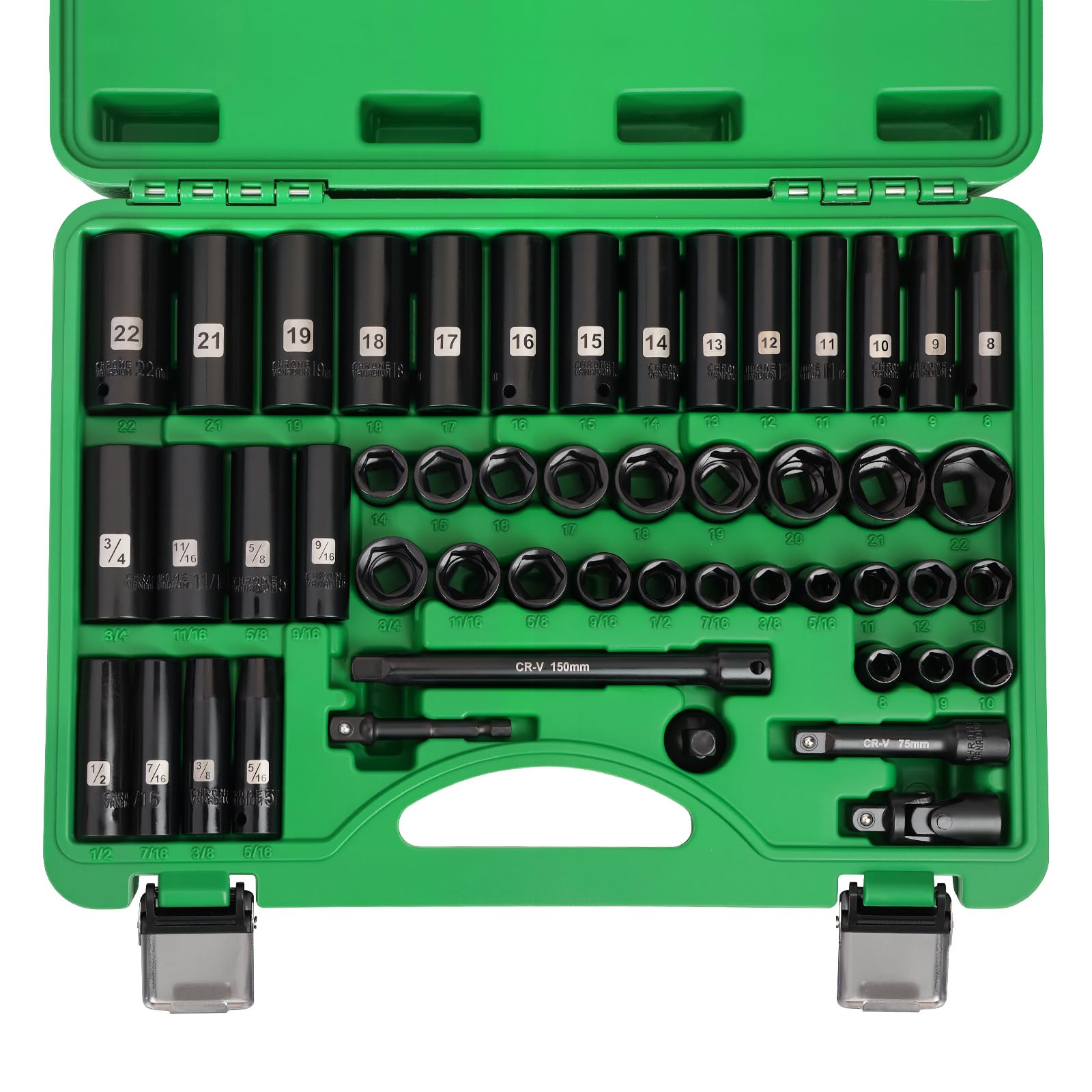 Photo 1 of Dangkiy 3/8" Drive Impact Socket Set, 50 Piece Standard SAE (5/16 to 3/4 inch) and Metric (8-22mm) 6 Point, Extension Bars, Impact Universal Joint, Adapter, Cr-V Steel