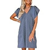 Acelitt Womens Casual Summer V Neck Cap Sleeve Shift Mini Dress with Pockets, S-XXL