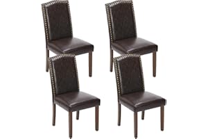 Sweetcrispy Dining Chairs Set of 4, Upholstered Leather Kitchen Room Chairs Mid Century Modern High-End Dining Room Side Chairs with Nailhead Trim and Wood Legs for Bedroom, Living Room, Brown