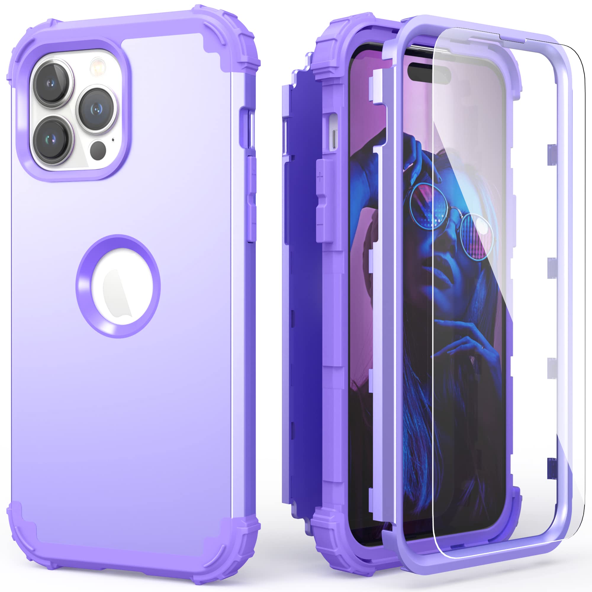 IDweel for iPhone 15 Pro Max Case with Tempered Glass Screen Protector, 3 in 1 Shockproof Slim Hybrid Heavy Duty Hard PC Cover Soft Silicone Bumper Full Body Case,Purple