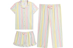 US Angels Girls Ultra Soft Button Down Pajamas, 3 Piece Pajama Set, pjs for teen girl, Size 7-16