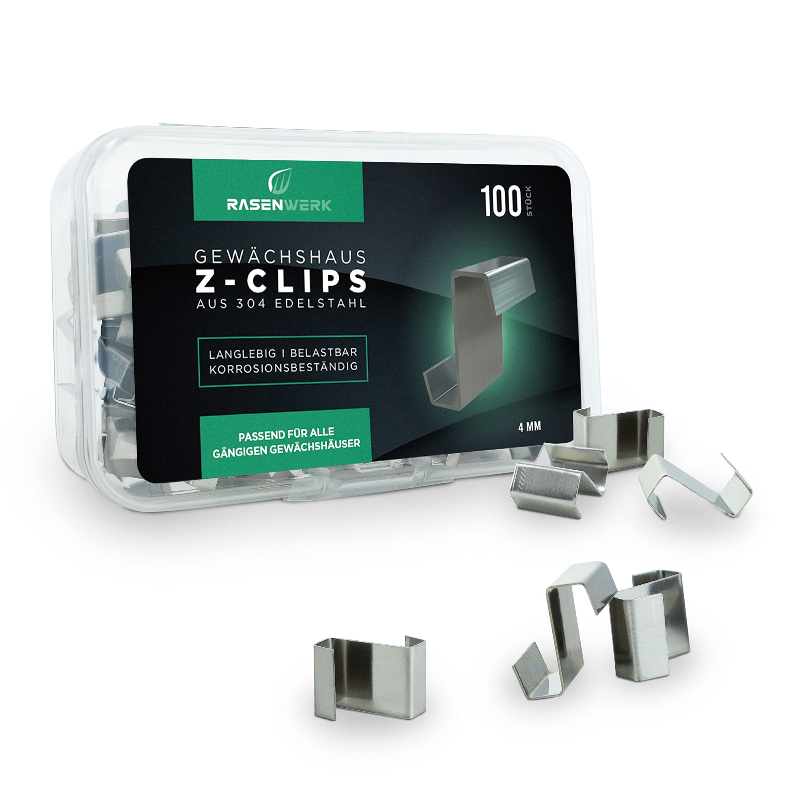 RASENWERK® - Z-Clips for greenhouses - 100 Pieces - Made of AISI 304 Stainless Steel - for max. 4mm Thick Greenhouse Glass Panels - Hooks for Greenhouse Panels