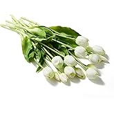 Pmyra 15Pcs Fake Tulips Artificial Flowers Real Touch Latex Bouquet Faux Tulips for Centerpiece Arrangements Wedding Party Home Décor (White)