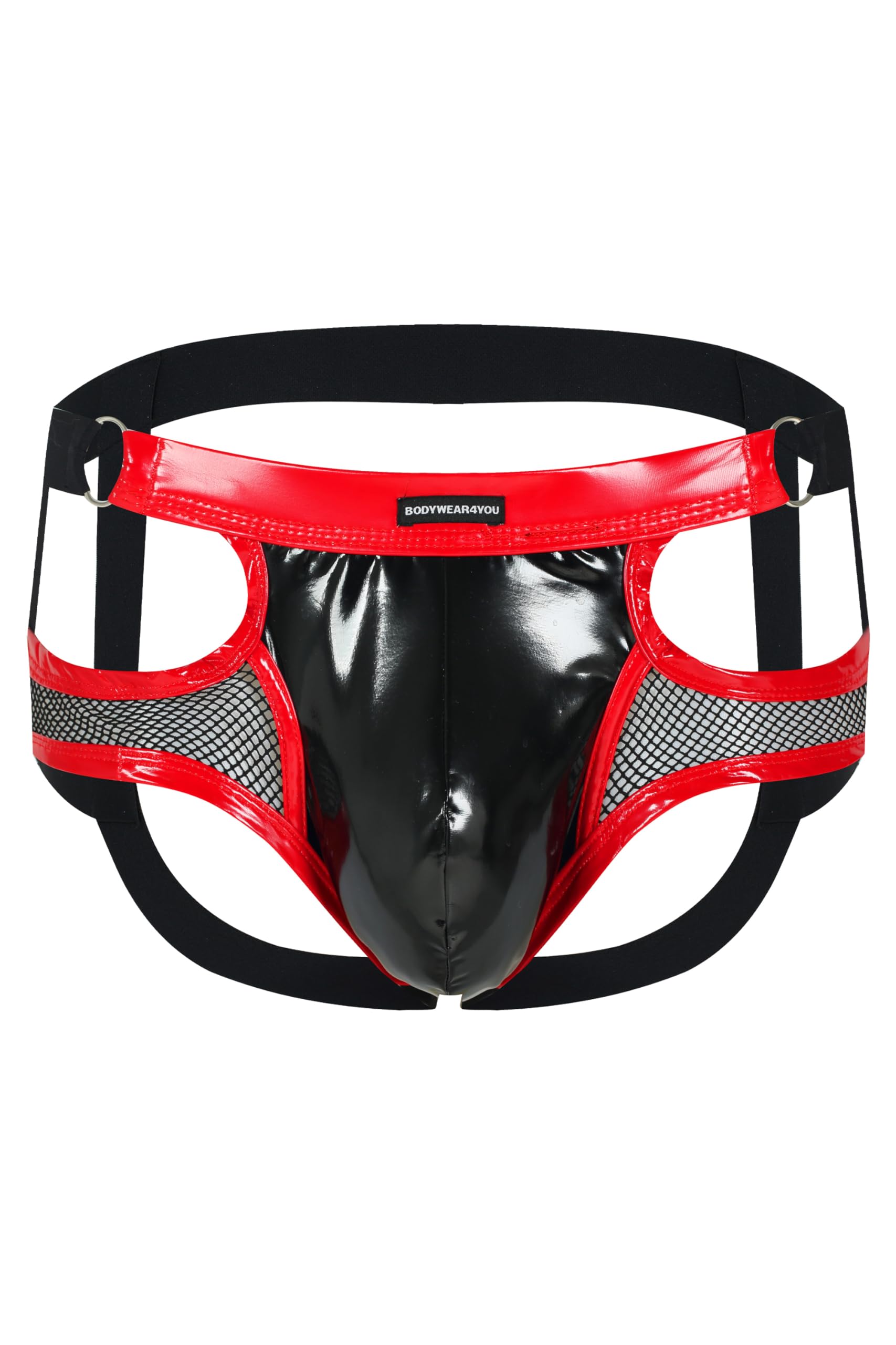 Bodywear4you Men's Leather Jacket Transparent with Patent Appearance Faux Leather, Men's Underwear Men Underwear Comfortable Thong, red-black, S