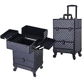 TOPACK 3-In-1 360&deg;Rotaing Rolling Makeup Train Case with Trolley/drawer | Aluminum Professional Cosmetic Organizer Cart for Cosmetology, Hairstylist &amp; Nail Artist, BLACK