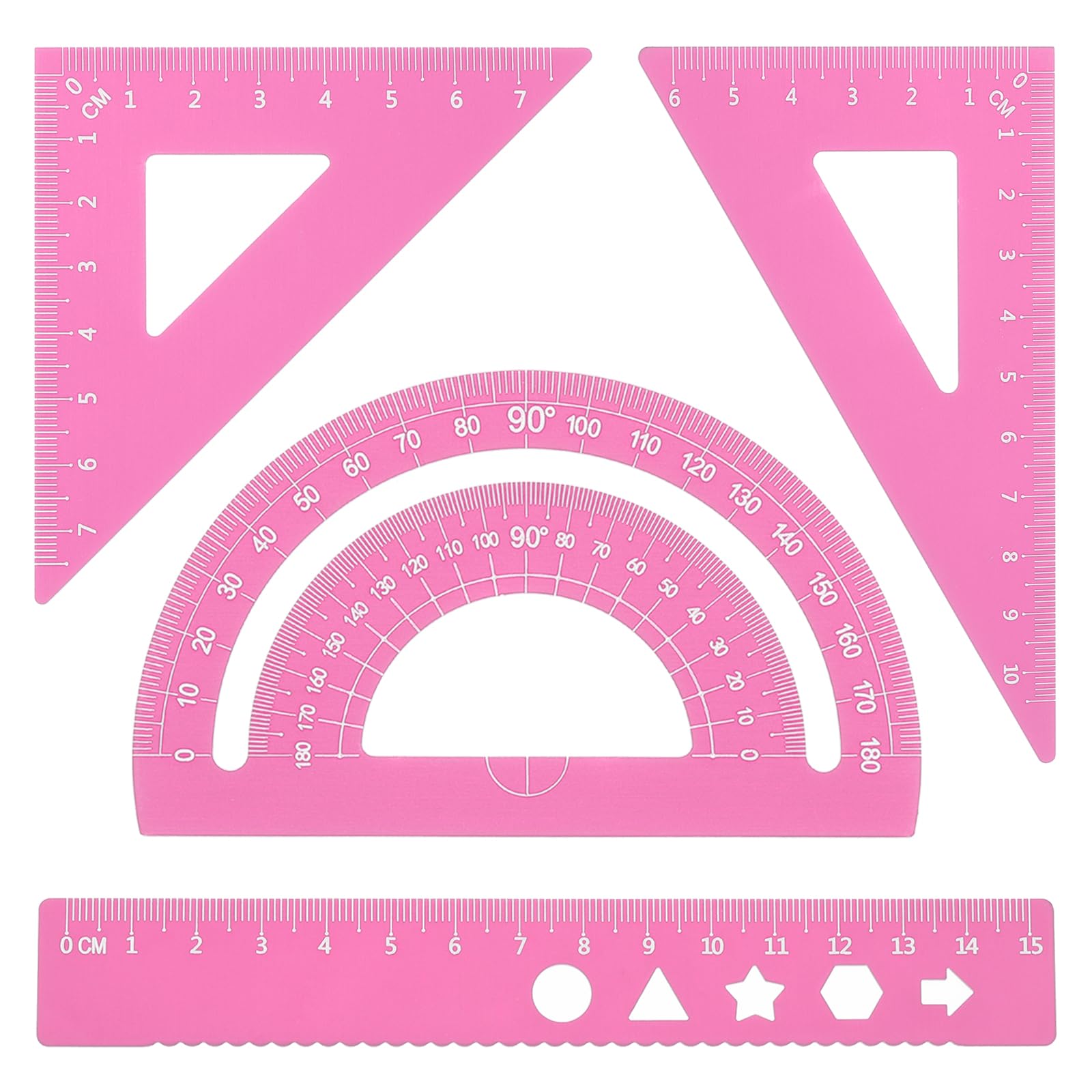 PATIKIL Triangular Ruler Set, 15cm Metric Aluminum Ruler, 45°60°Triangular Ruler and Protractor, 4 Packs, Pink