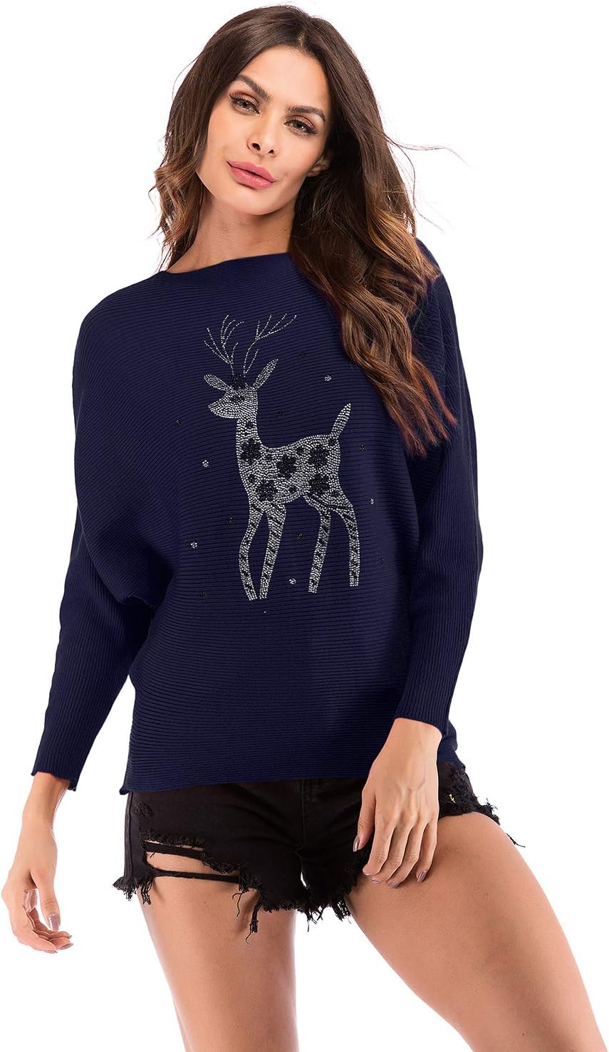 Bmeigo Women Knitted Tops Christmas Sweater Crewneck Bat Sleeve Stretchy Rhinestone