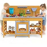 HONEY JOY Mud Kitchen, 44.5&rdquo; Cedar Wood Pretend Play Kitchen for Toddler, Real Faucet w/Running Water, Sink, Accessories, Planter Box, Outdoor Kids Kitchen Playset for Garden Fun, Natural