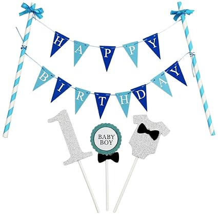 KUNGYO Happy Birthday”Geburtstags Kuchen Dekoration - Mini Blau Kuchen Bunting Banner und “1” Kuchen Topper für 1 Jahre Alten