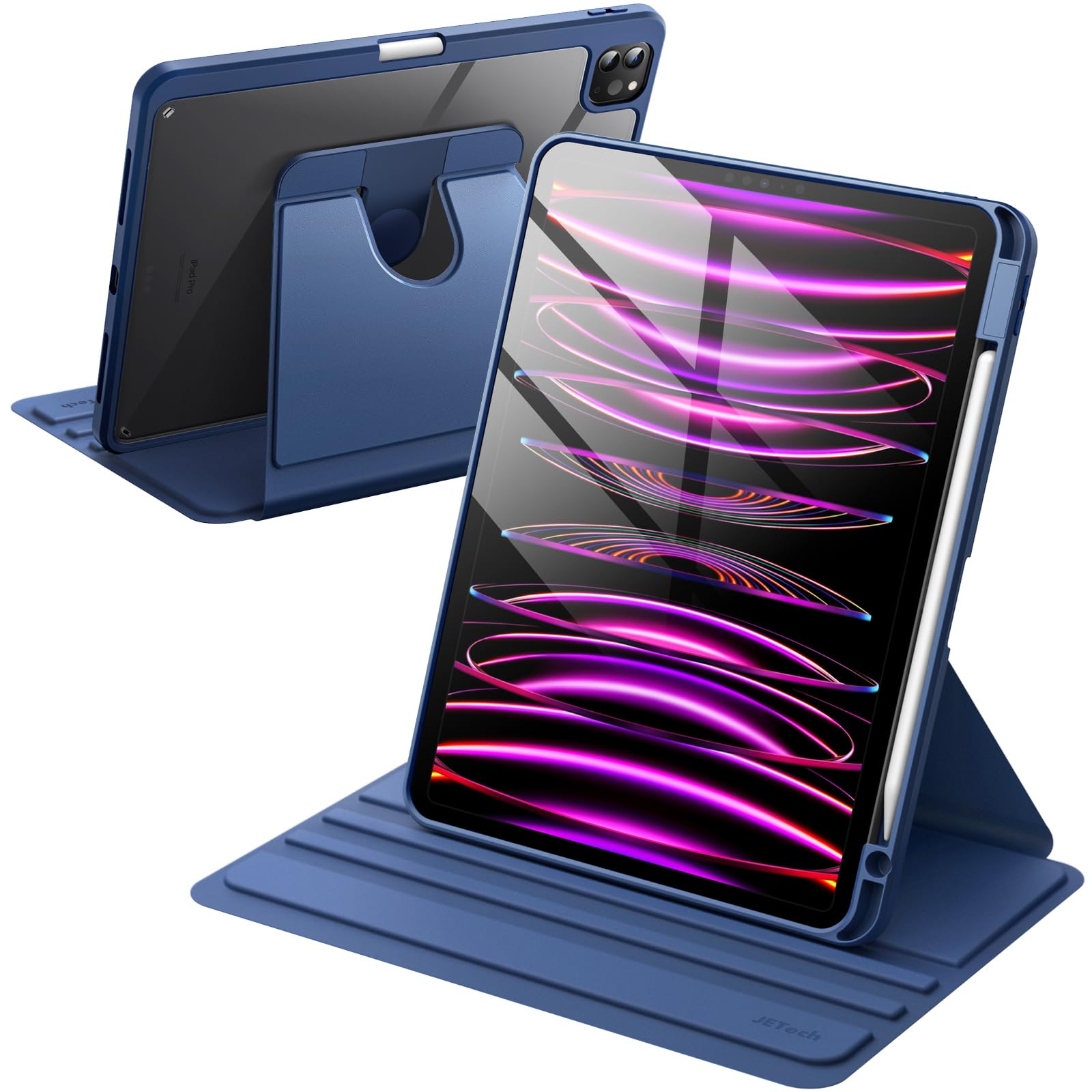 JETech Rotating Case for iPad Pro 11-Inch 2022/2021(4th/3rd gen) with Pencil Holder, 360 Degree Rotation Protective Stand Cover Clear Back, Auto Wake/Sleep (Navy)
