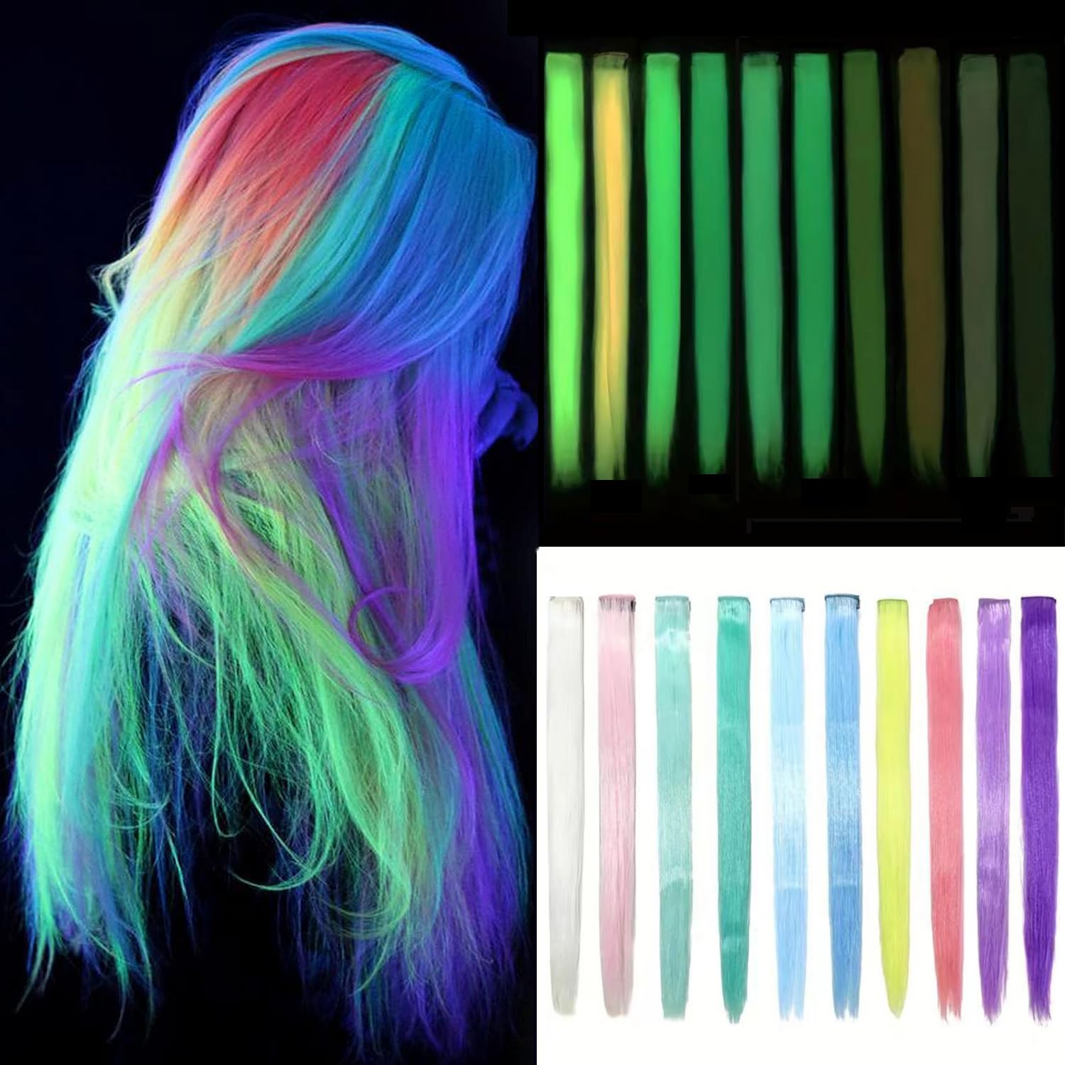 Photo 1 of 10 Pcs Glow In The Dark Hair Extensions Clip Ins Synthetic Clip In Hair Extensions Glow In The Dark Hair Extensions Glow In The Dark Hair Accessories For Women (20 Inch,10 Colors Straight Hair)