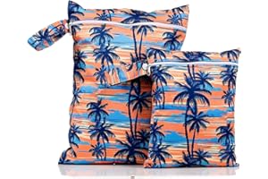 CoolaPeach 2 Pcs Wet Bags Waterproof Reusable Zippered Pocket Cloth Diaper Bag for Travel Beach Pool Swim, Baby Diapers,Gym Yoga Wet Clothes,Swimsuit,water wipes (Coconut tree)