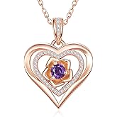 Zeuslia Heart Necklace Sterling Silver Rose Gold Heart Pendant Necklaces for Women Birthstone Rose Jewelry Gifts for Women Amethyst Necklace February Birthstone Necklaces