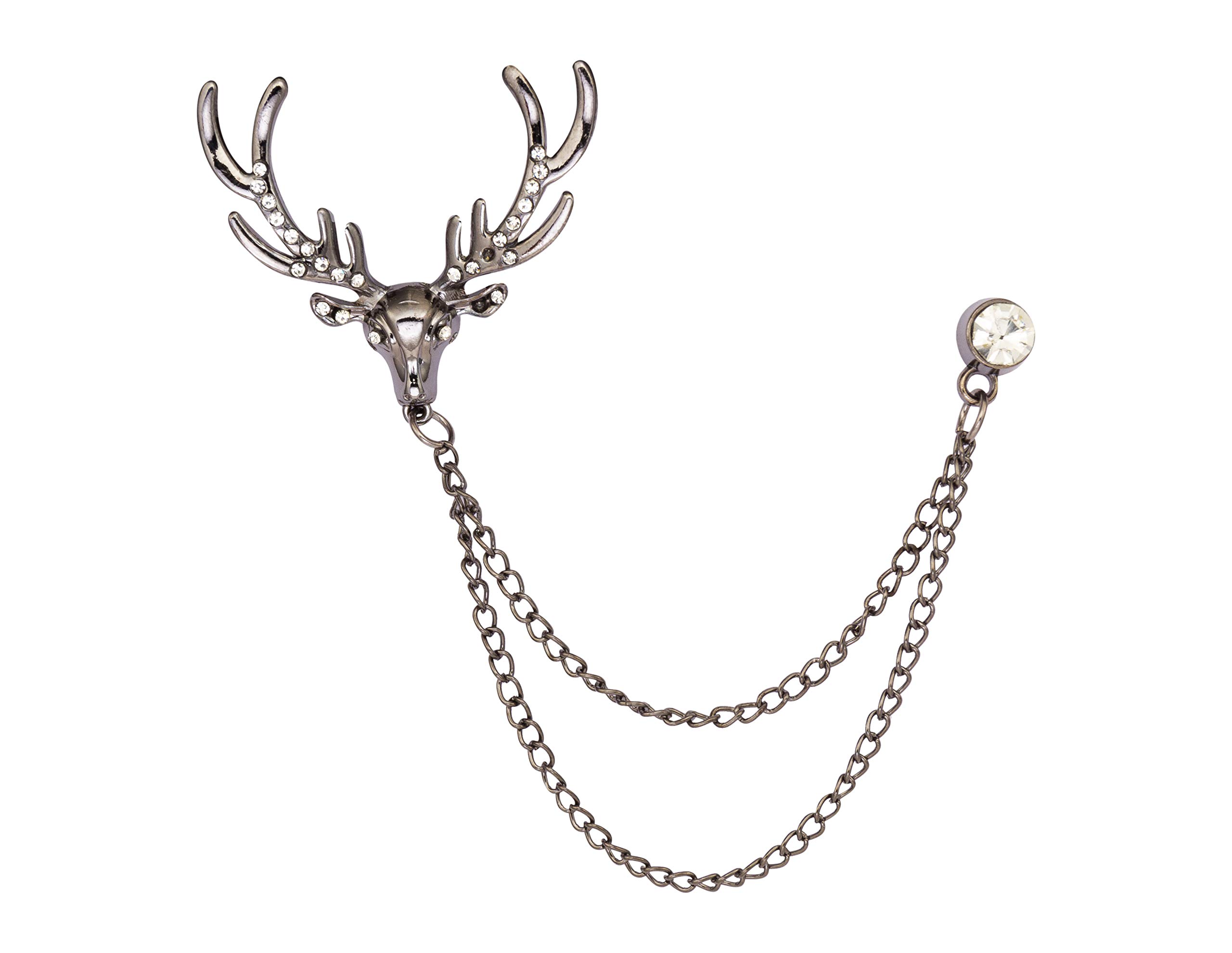 Brooch Lapel Pin for Men Gun Metal Crystal Detailing Reindeer Head with Hanging Chain Lapel Pin Badge Coat Suit Wedding Gift Party Shirt Collar Accessories