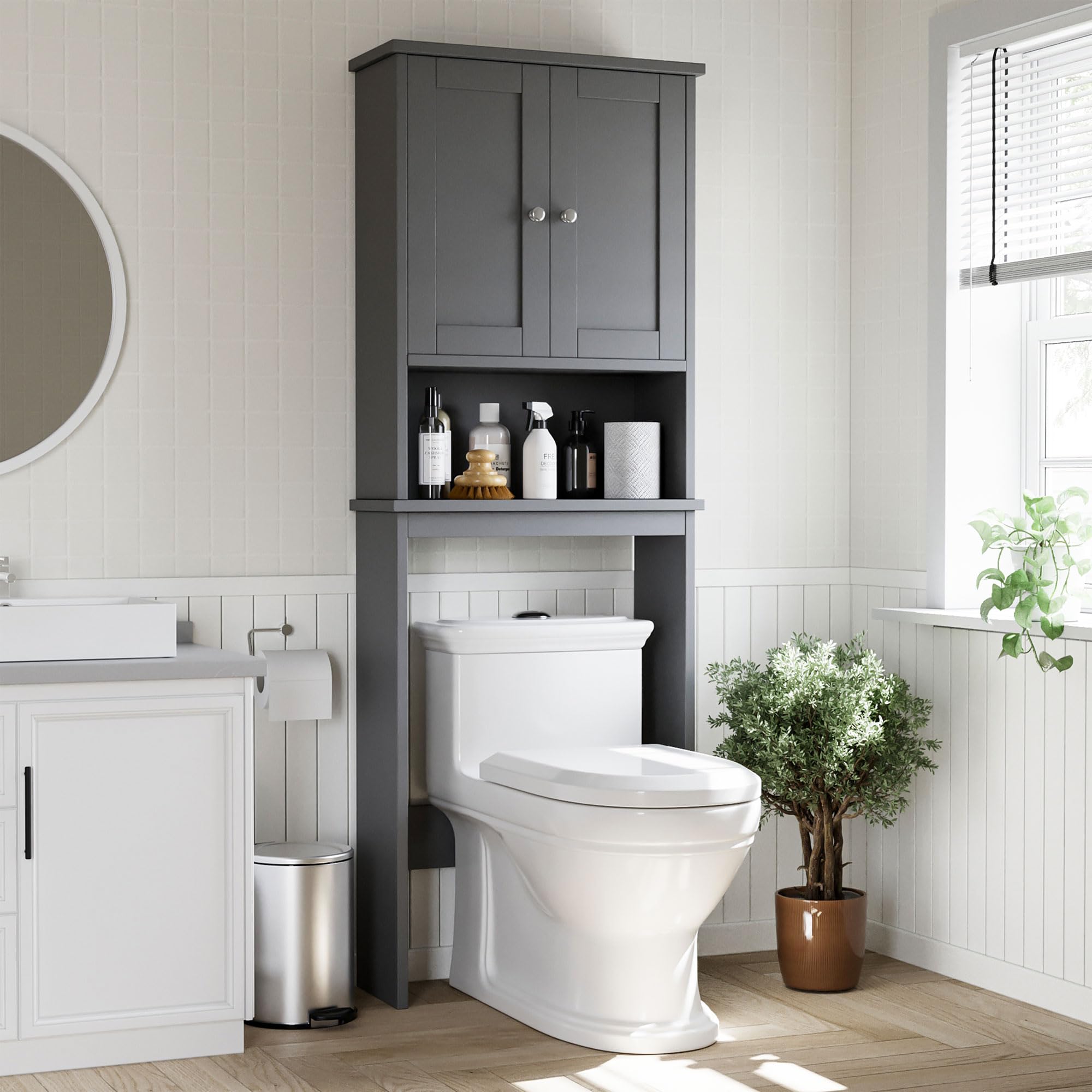 Photo 1 of ***MISSING ASSEMBLY HARDWARE**** Shintenchi Over The Toilet Storage Cabinet, Bathroom Shelf Organizer with Anti-Tip Device Small Freestanding Space Saver with Adjustable Shelf, Gray