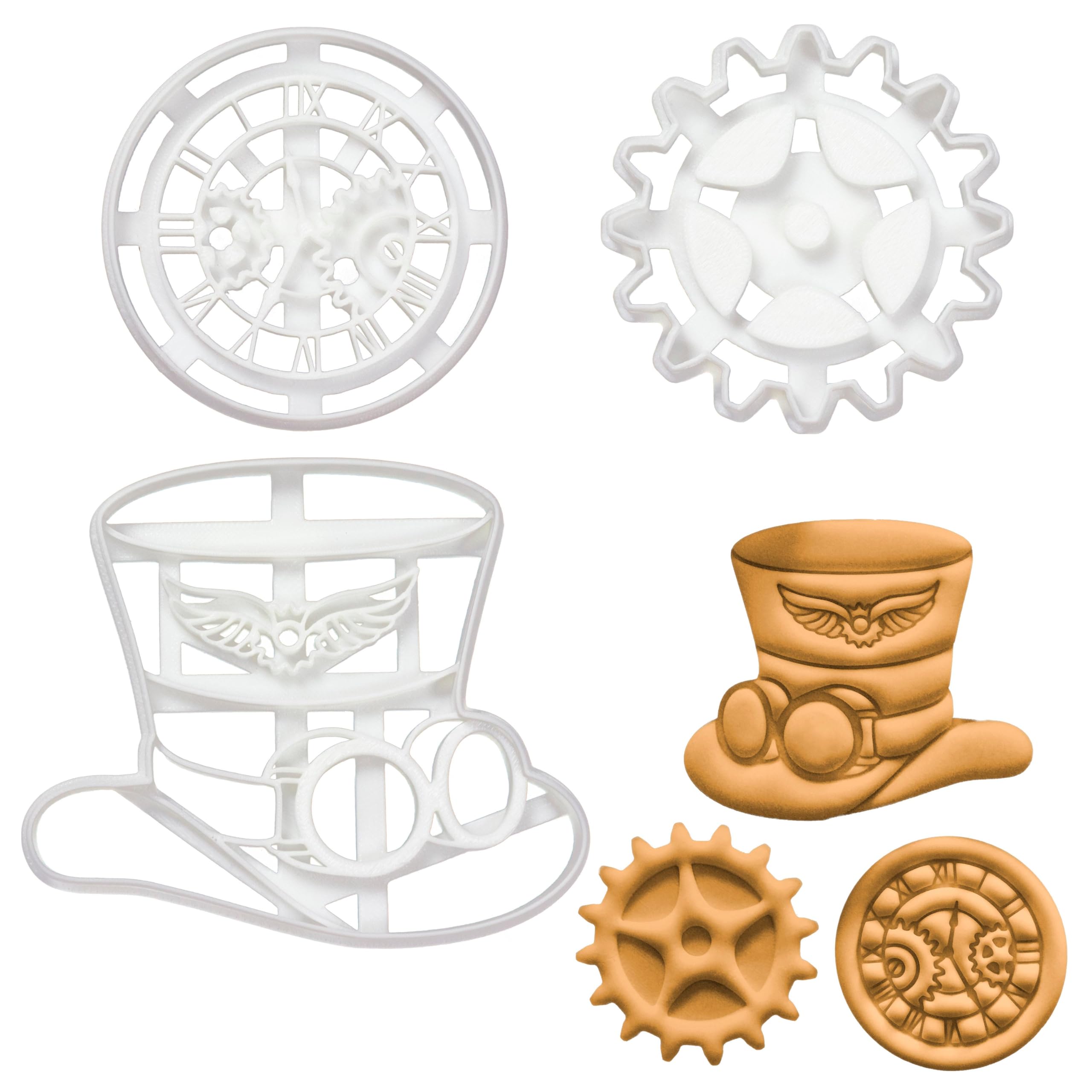 BAKERLOGY Set of 3 Steampunk Cookie Cutters (Designs: Steampunk Gear, Clock and Hat) - Detailed Biscuit Cutter Design for Baking and Crafts, Ideal on Fondant, Dough, Clay