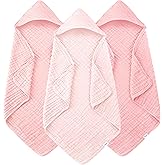 Muslin Hooded Baby Bath Towels - 3 Pack 100% Cotton Ultra-Soft Towels for Newborns, Infants, Toddlers - 32x32 Inch - Highly Absorbent, Quick-Dry Essentials for Bath Time, Beach, Pool, Pink Series