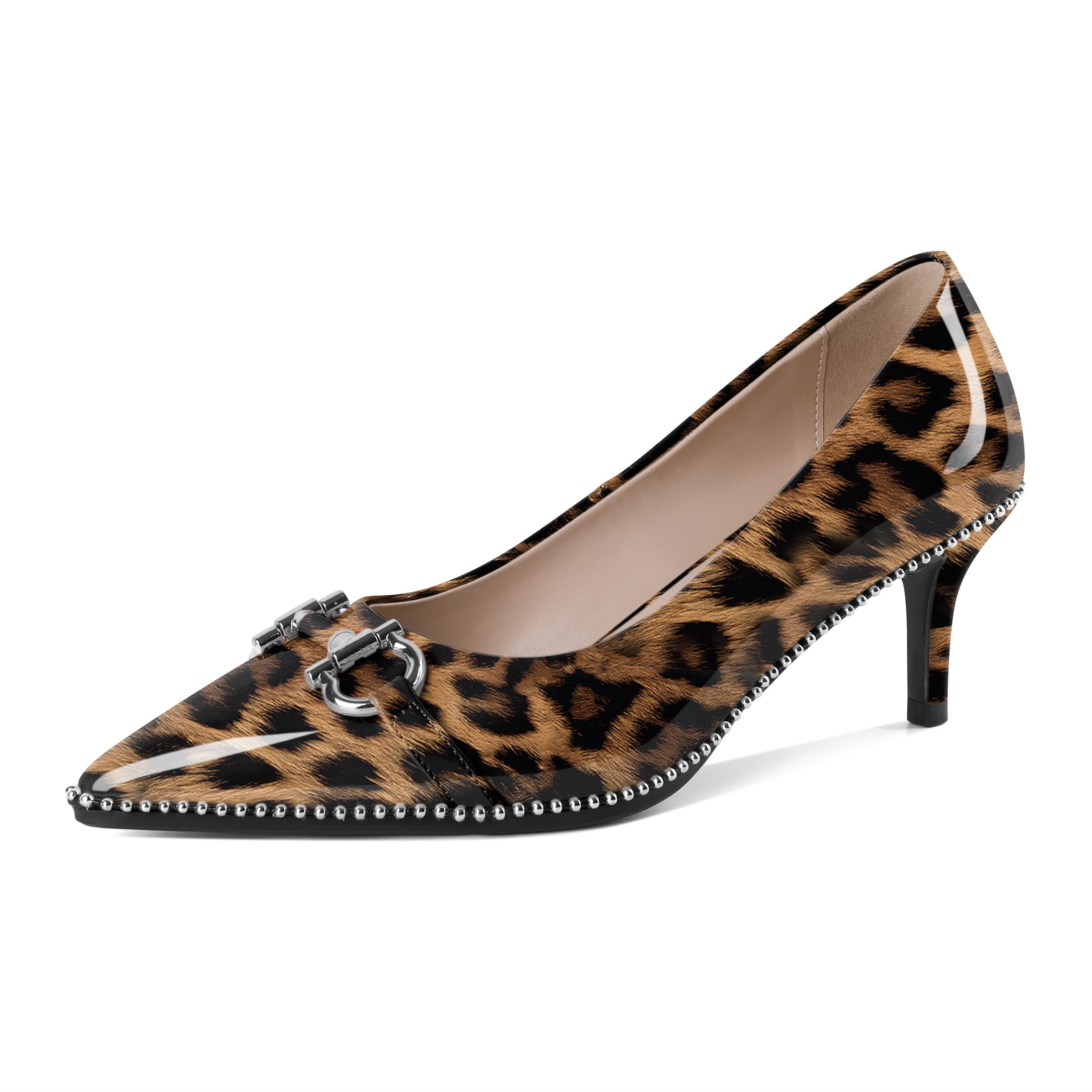 Photo 1 of Eldof Kitten Heels for Women Pointed Toe Beaded Low Heel Pumps Slip On Buckle Strap Pumps Shoes Women for Dress 2.5 Inches Patent Leopard US Size 8