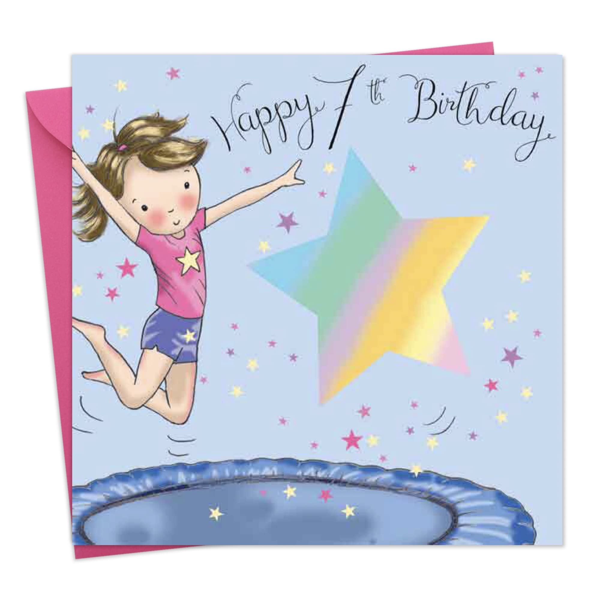 Twizler 7th Birthday Card for Girls - Trampoline - Age 7 Year Old - Childrens Happy Birthday Card for Kids