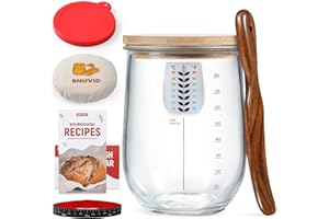 GENERIC 1 L (34 oz) Pro Sourdough Starter Jar Kit, Wide Mouth Potbelly Crock - Glass Sour Dough Starter Bread Jar with Wood Spurtle, Cover, Lids, Feeding Band, Thermometer, Recipe - Sourdough Baking Supplies