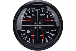 Fabater 110mm Gauge, 4 in 1 Multifunction Gauge, Fuel Level/Oil PSI (0-150 PSI) / Water Temp (100-250°F) / Voltmeter (8-16V D