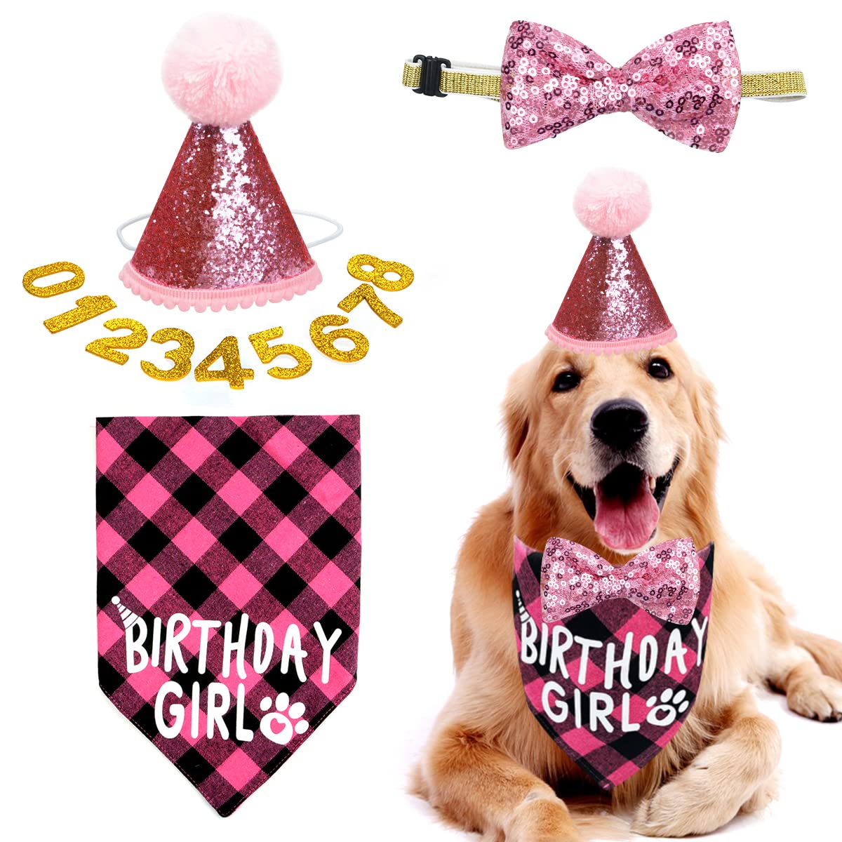 Dog Birthday Hat and Bandana Set, Reusable Dog Party Hat with Bow Tie Collar and Gold Number for Pet Cat Birthday Party Decorations (Pink)