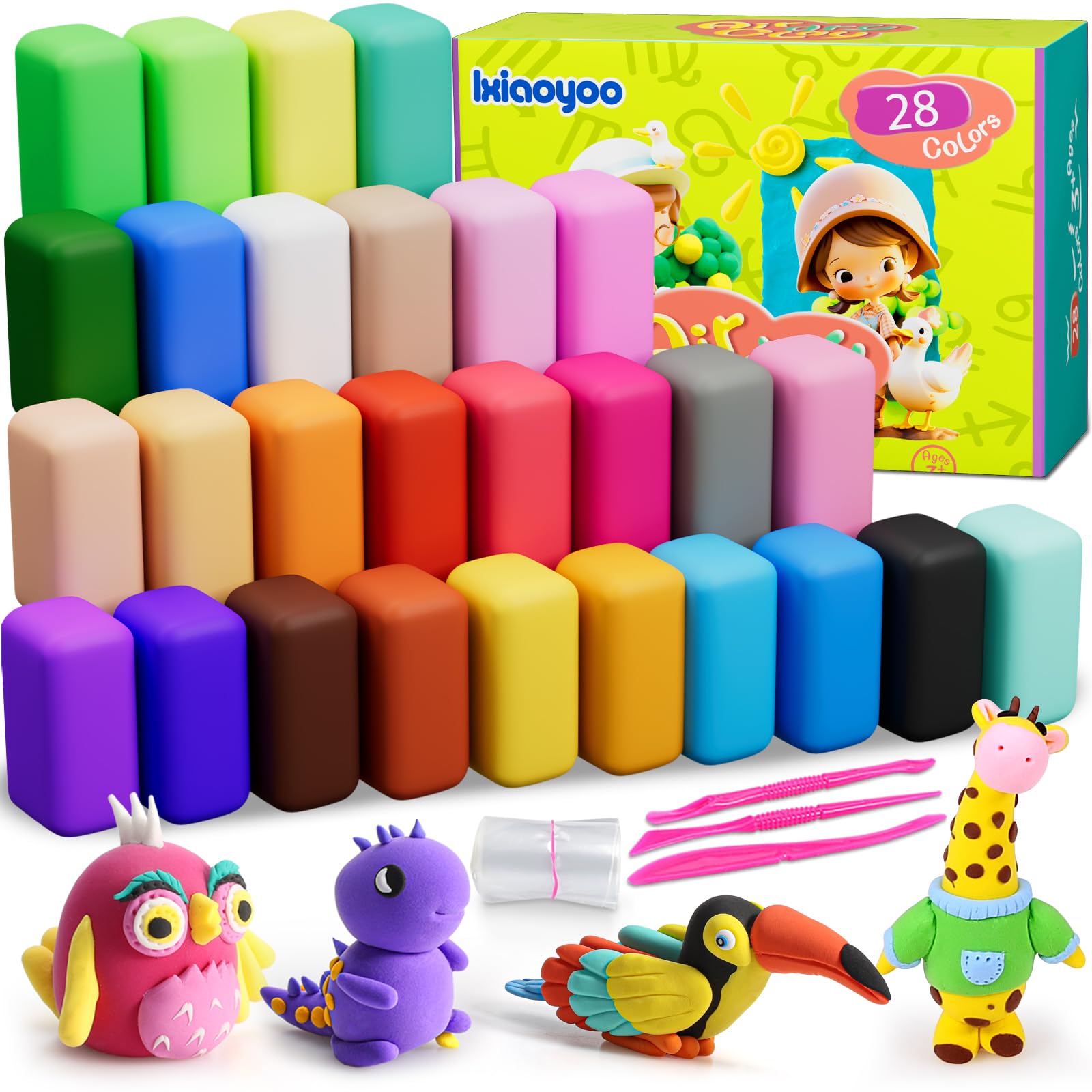 Ixiaoyoo Air Dry Clay Kit - 28 Colors Magic Clay, Molding Clay for Kids, Safe & Non-Toxic, Colorful DIY Clay, Great Gift for Boys & Girls