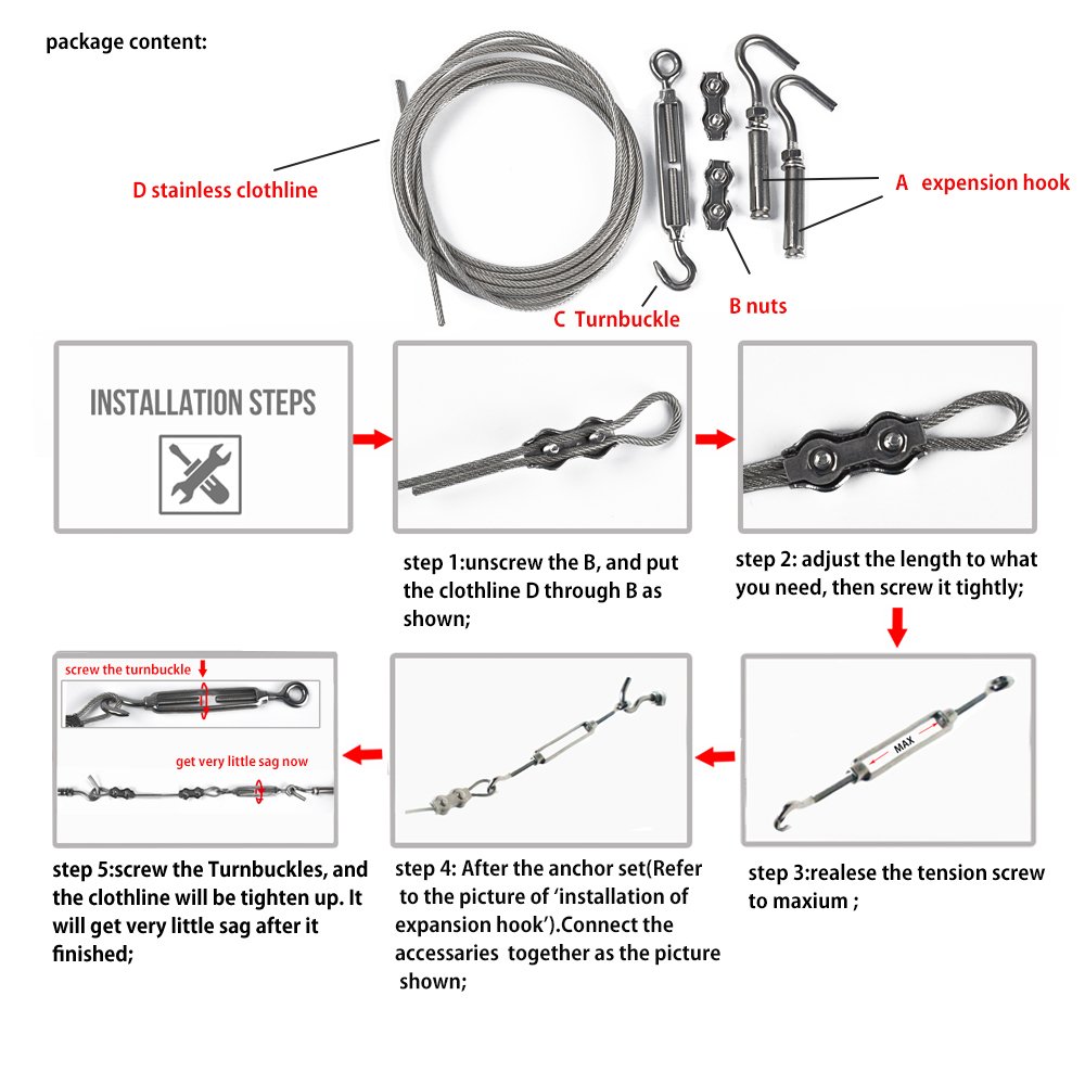 DEWEL Clotheslines 20ft/ 6m Portable Windproof Clothes Rope Line with Stainless Steel Cable Retractable System Heavy Duty Laundry Rope for Outdoor/ Indoor/ Home /Travel/ Drying (20Ft)