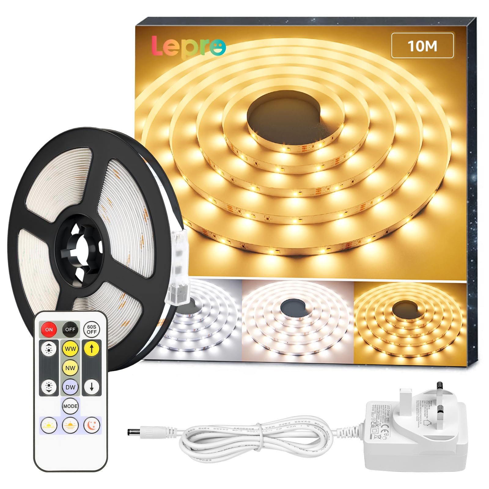 Lepro 10M LED Strip Lights with Remote and Plug, Warm White to Cool Daylight, Whiteness and Brightness Adjustable, Stick-on LED Tape for Mirror, Bed, Stair, Cabinet and More