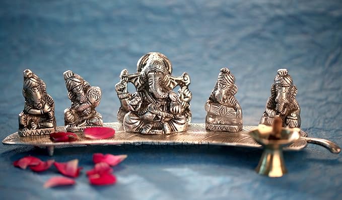 DreamKraft White Metal 5 Ganesh with Musical Instrument on Leaf for Home Décor