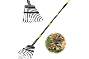 Coopvivi Garden Leaf Rakes, 6FT Rakes for Lawns Heavy Duty 11 Metal Tines 9 inch Wide, Adjustable Long Steel Handle, Small Shrub Rake, Gathering Leaves (Black)