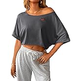 SOFIA'S CHOICE Women Distressed Off Shoulder Crop Top Ripped Loose Short Sleeve T Shirt