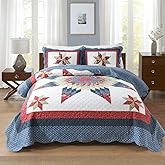 camandy Cotton Quilt Bedding Sets 3 Pieces Soft Reversible Coverlets Luxury Star Handmade Real Patchwork Red Blue Bedspread, Queen Size