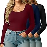 Evervibe 3 Packs Women Plus Size Tops Long Sleeve Shirts Scoop Neck Slim Fit T Shirts U Neck Comfy Casual Basic Ladies Tees
