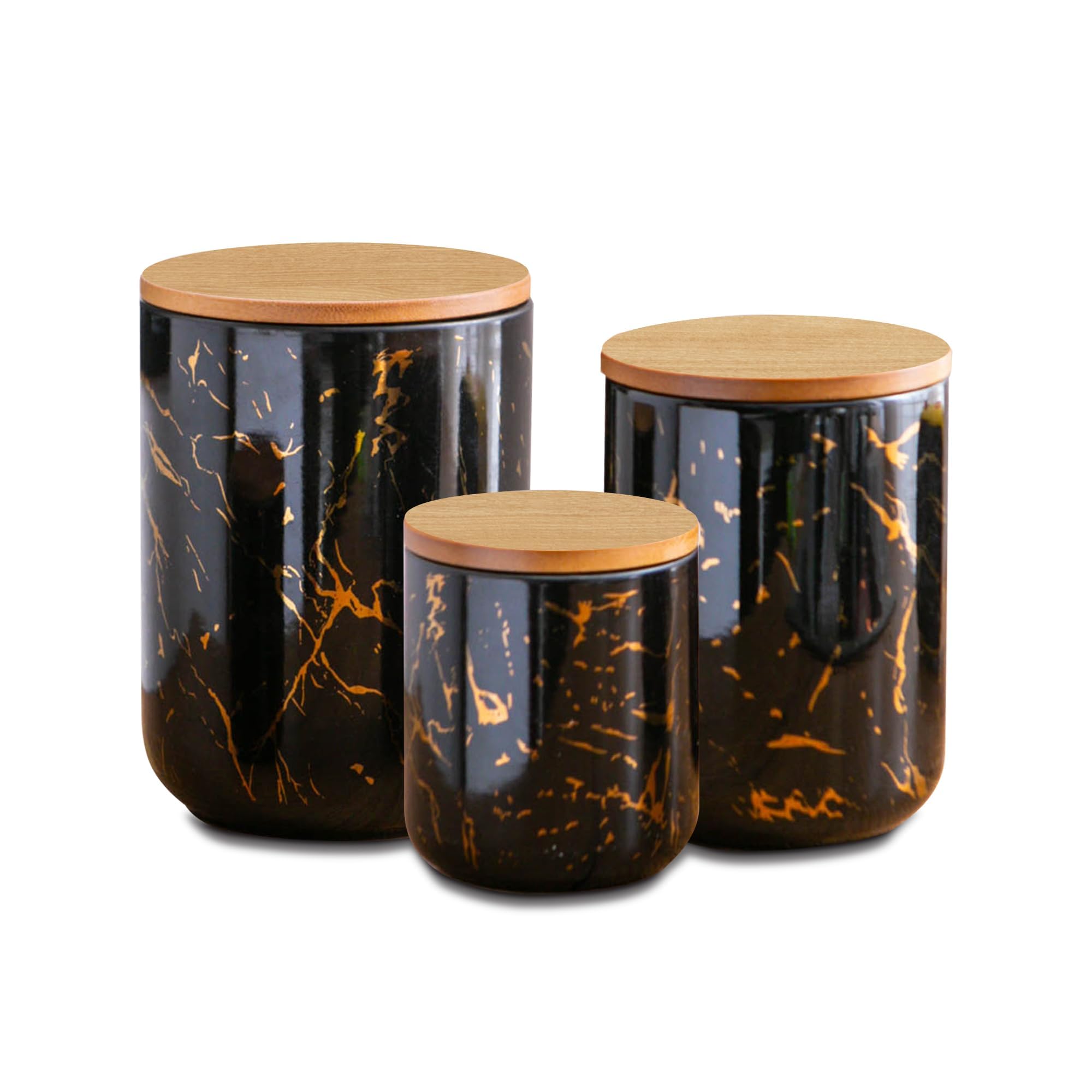 Photo 1 of Sowlvenco Black Ceramic Canister Set with Wooden Lid, 3-Piece Food Storage Jars for Kitchen Counter, Storage Container for Sugar, Coffee, Tea, Spice